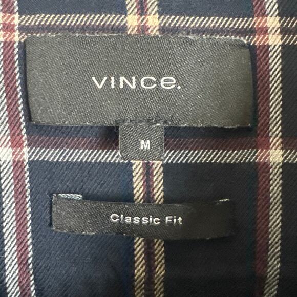 Vince Men's Classic Button Up Shirt Navy Red Plaid Size M Layering Preppy Fall - Picture 8 of 10